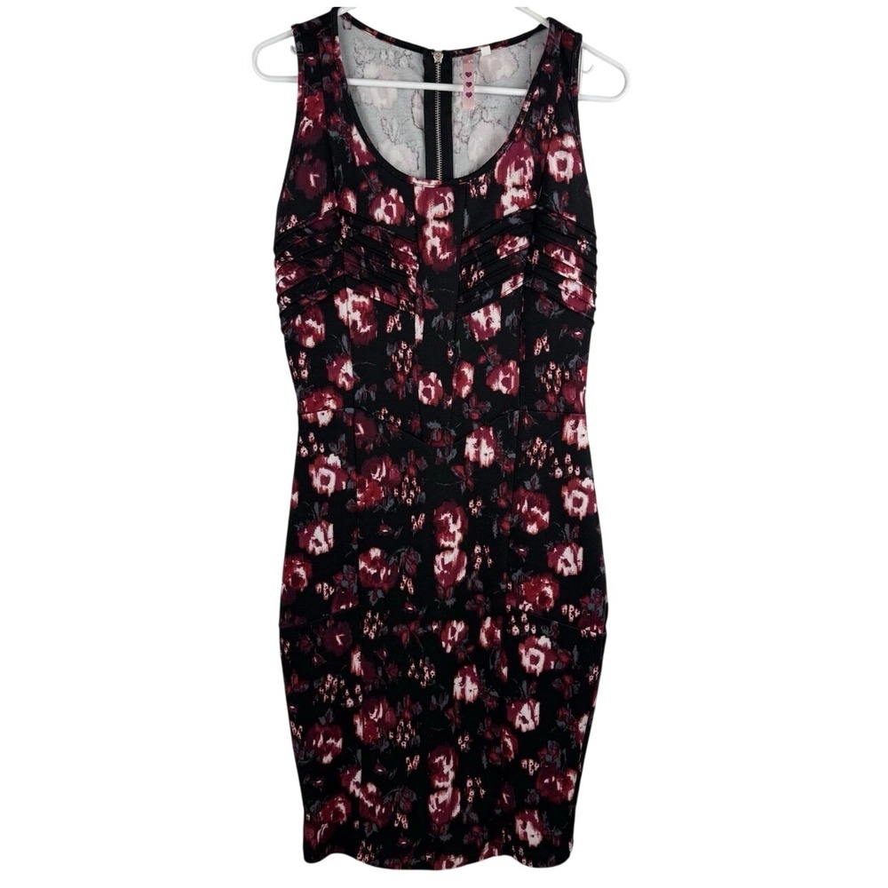 Three Hearts Floral Sheath Dress Women L Burgundy Black Pleated Pintuck Zip Back